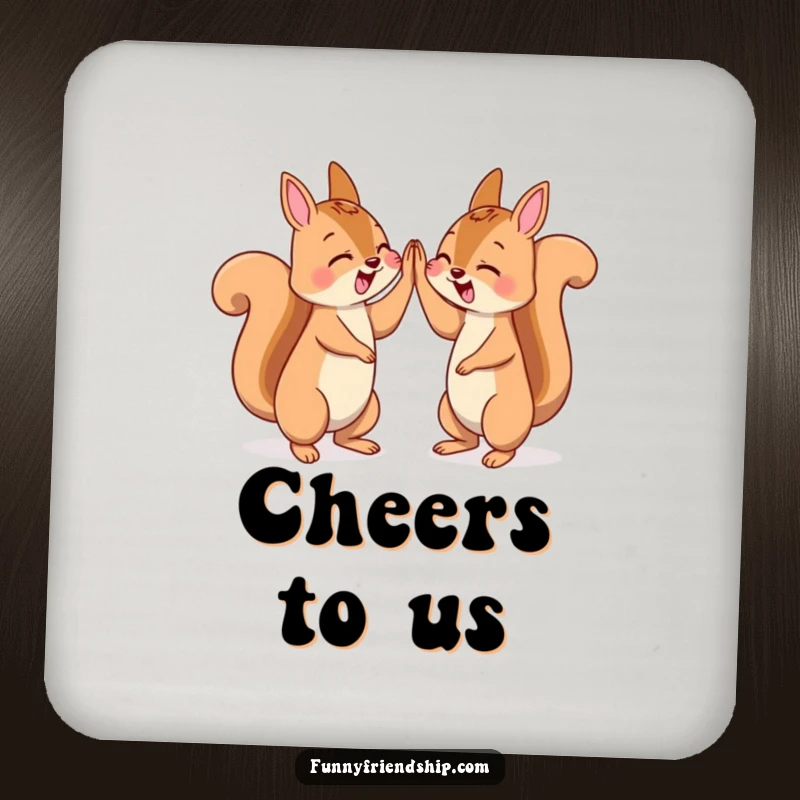 Funny drink coaster featuring two squirrels giving a high five, adding humor to table protection.
