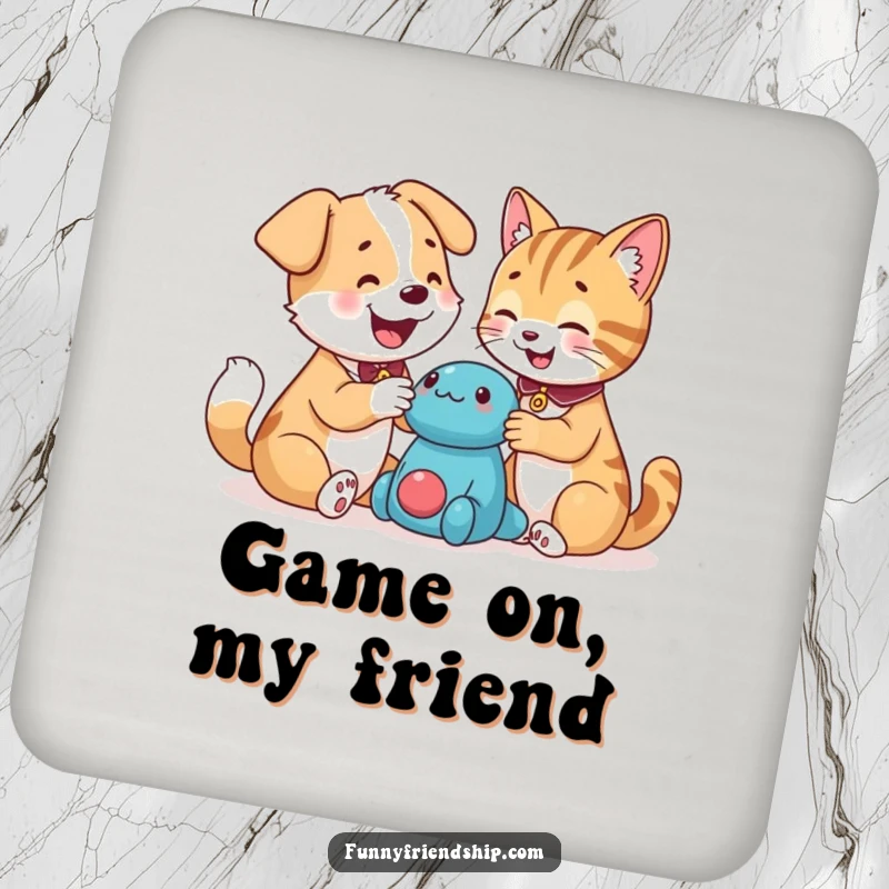 Funny dog and cat characters sharing a toy on protective drink coasters, adding a humorous touch to any table setting, a funny gift.