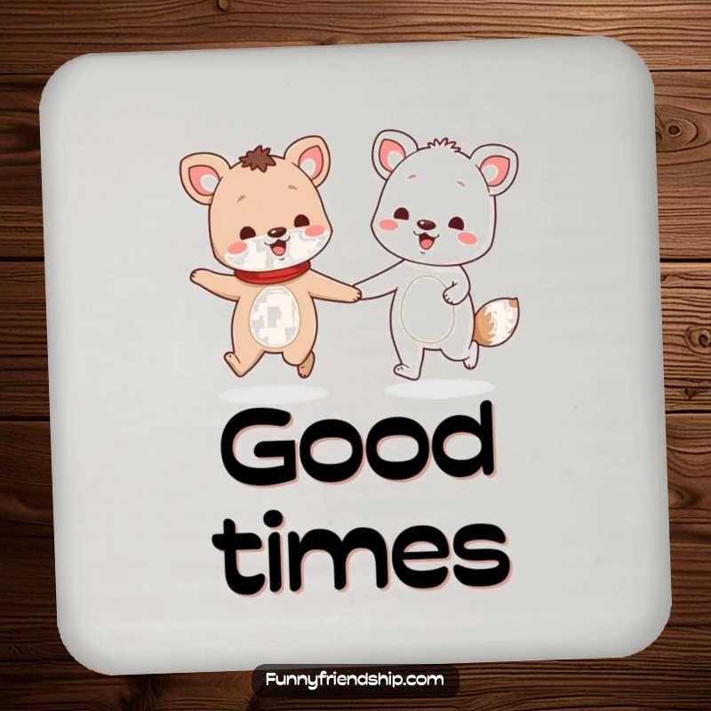 Funny drink coaster with two animal characters holding hands and skipping, protecting surfaces with a joyful design.