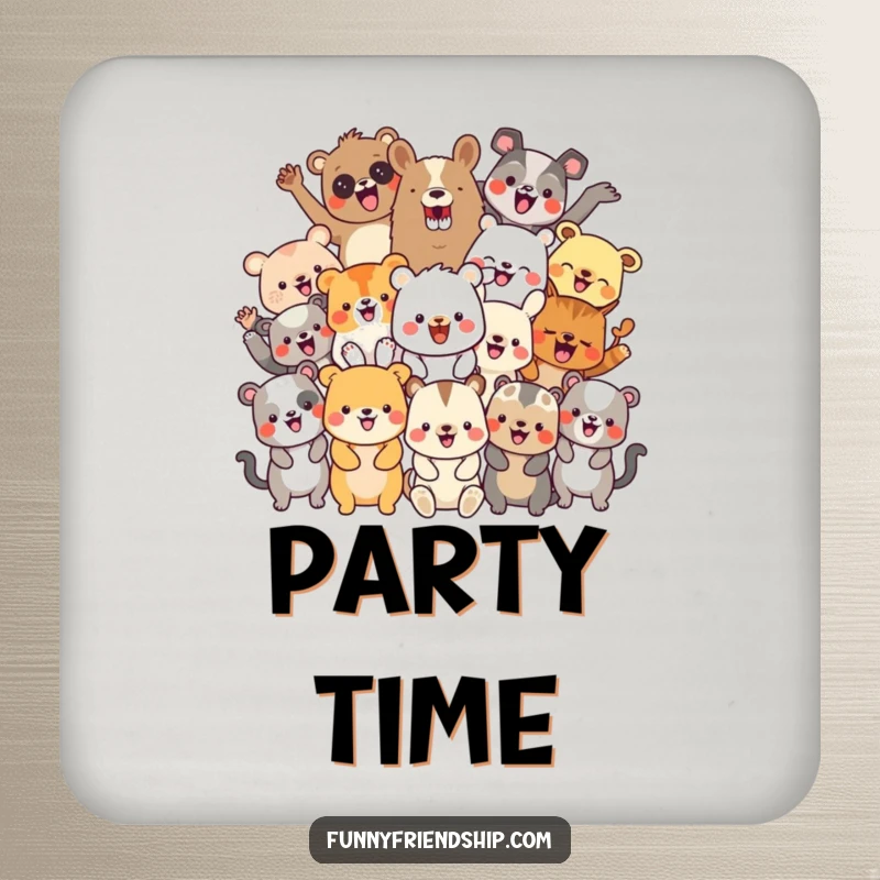 Funny drink coaster with a diverse group of cheerful animal characters celebrating, protecting surfaces with a festive design.