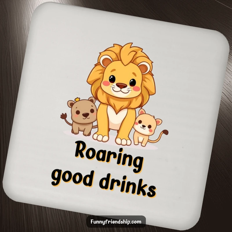 Funny drink coaster featuring a proud lion standing guard over friends, adding a protective and loyal touch to tables.
