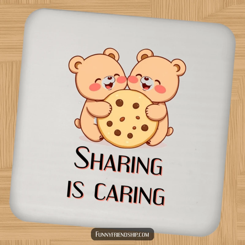 Funny drink coaster set depicting two cute bears joyfully sharing a large cookie, protecting surfaces with charm.