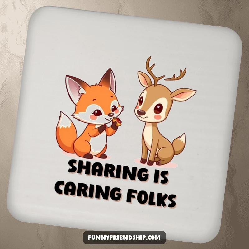 Funny drink coaster set with a curious fox sharing a treat with a shy deer, protecting surfaces with adorable woodland-themed humor.