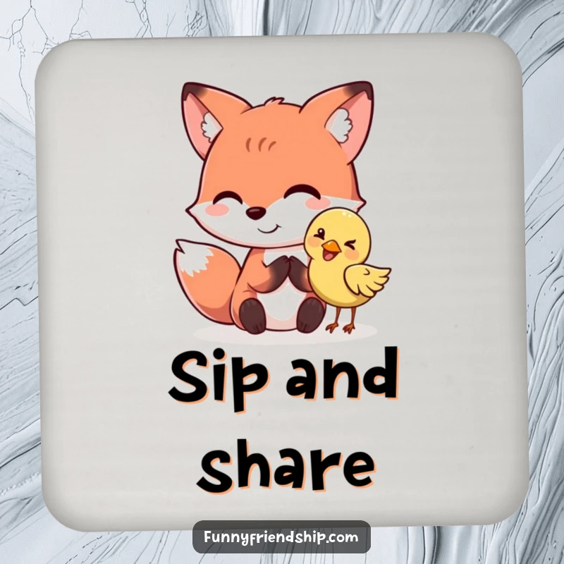 Funny fox and bird characters sharing a secret on a protective drink coaster. A cute funny gift.