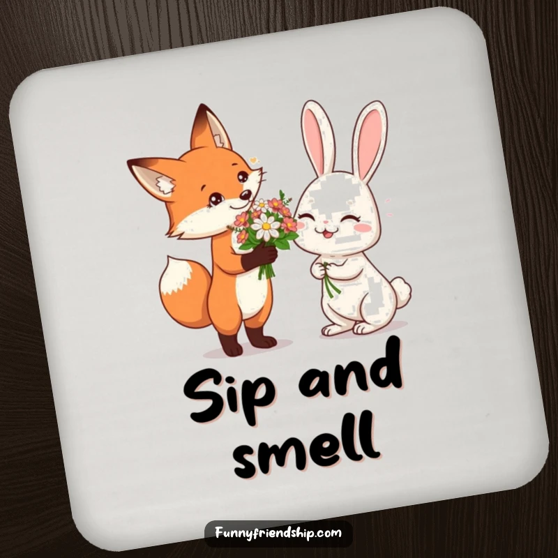 Funny Drink Coaster with a fox offering flowers to a giggling rabbit, adding a touch of sweet humor and protecting surfaces.