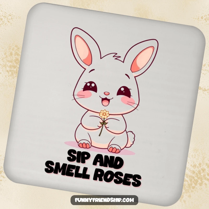 Funny Coasters: Set featuring a grinning bunny character offering a small flower, perfect for adding cuteness to any table.