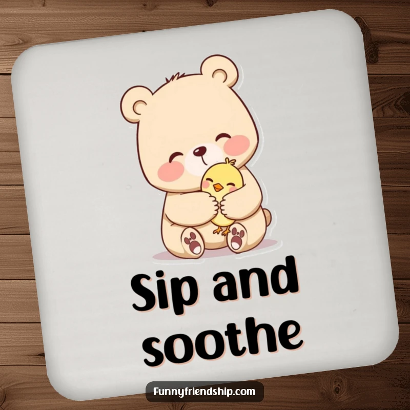Funny drink coaster featuring a bear character affectionately hugging a small bird. Adds warmth to tabletops.