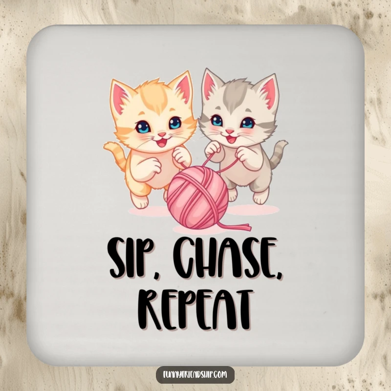Funny playful kittens chasing a bouncing ball of yarn together on a round drink coaster, a cute cartoon accessory
