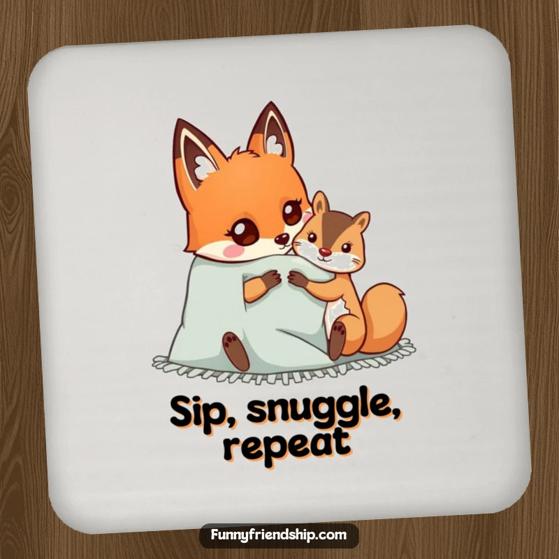 Funny drink coaster featuring a happy fox and squirrel sharing a cozy blanket, adding a touch of warmth to any drink setting.