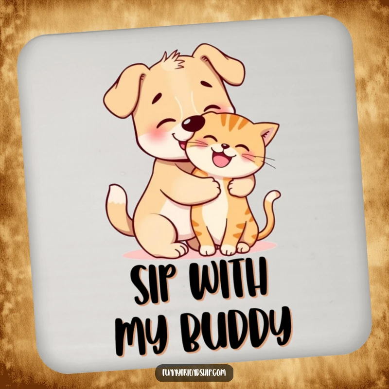 Funny Coasters: Set featuring a dog character playfully hugging a happy cat, adding charm to any table.