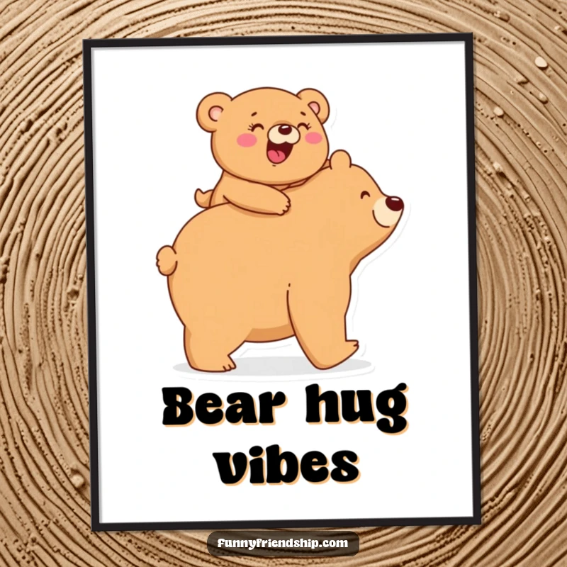 Funny Poster: A small bear giggles while riding piggyback on a larger bear, a heartwarming piece of cute, humorous wall art.