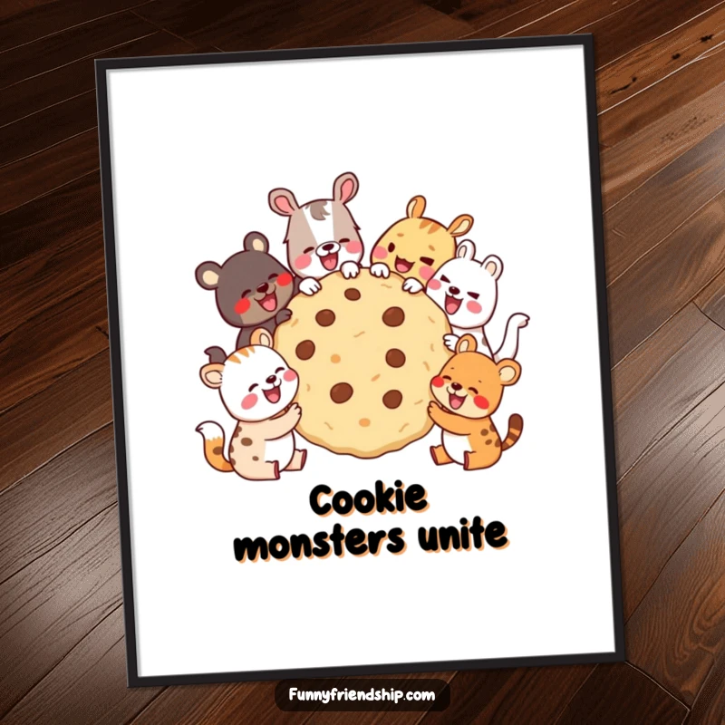 Funny Poster showing diverse animals sharing a giant cookie and laughing, creating a joyful and humorous centerpiece for any room.