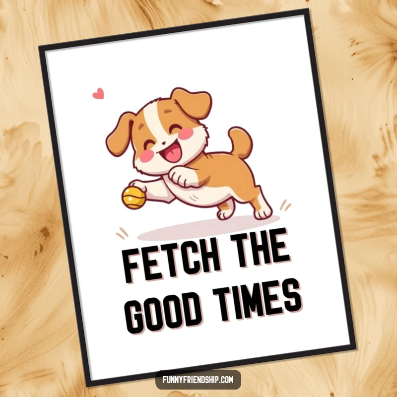 Funny dog character poster showing a playful dog in motion, fetching a ball with a happy, cheering friend.