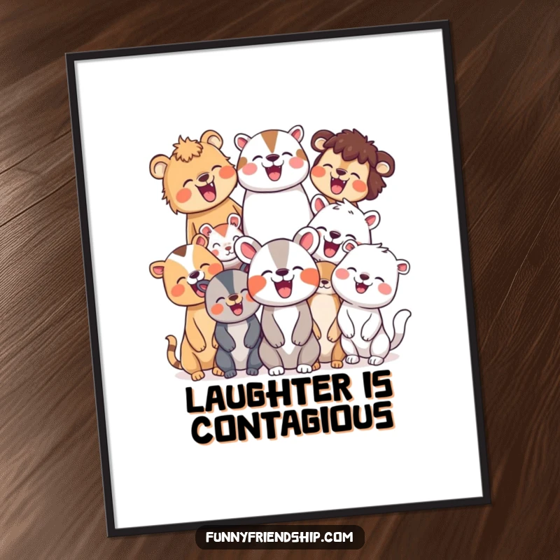 Funny poster art of diverse animal characters in a moment of shared, joyous laughter, symbolizing unity, happiness, and the power of good times.