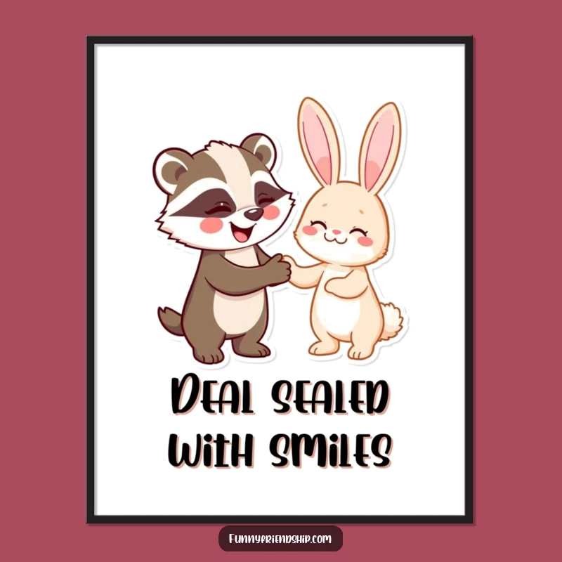Funny Badger and Rabbit Handshake Art Print: Decorate with a Pact of Laughter