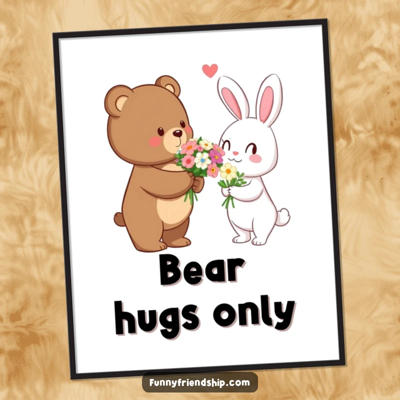 Funny bear giving flowers to a rabbit, romantic art print for walls, symbolizing love and humor in a charming illustration.