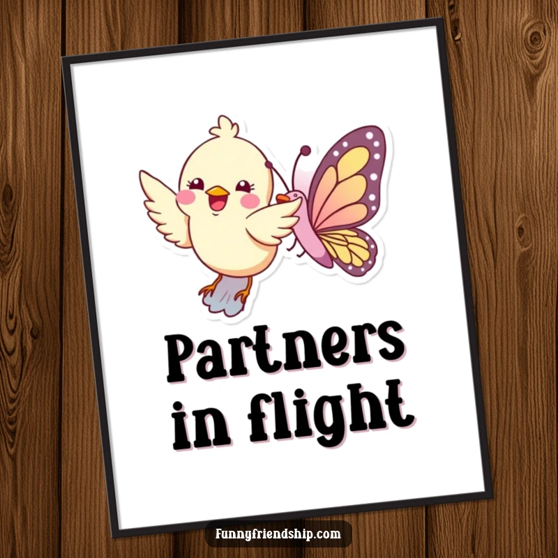 Funny poster art of a bird and butterfly flying in tandem, symbolizing freedom and natural beauty.