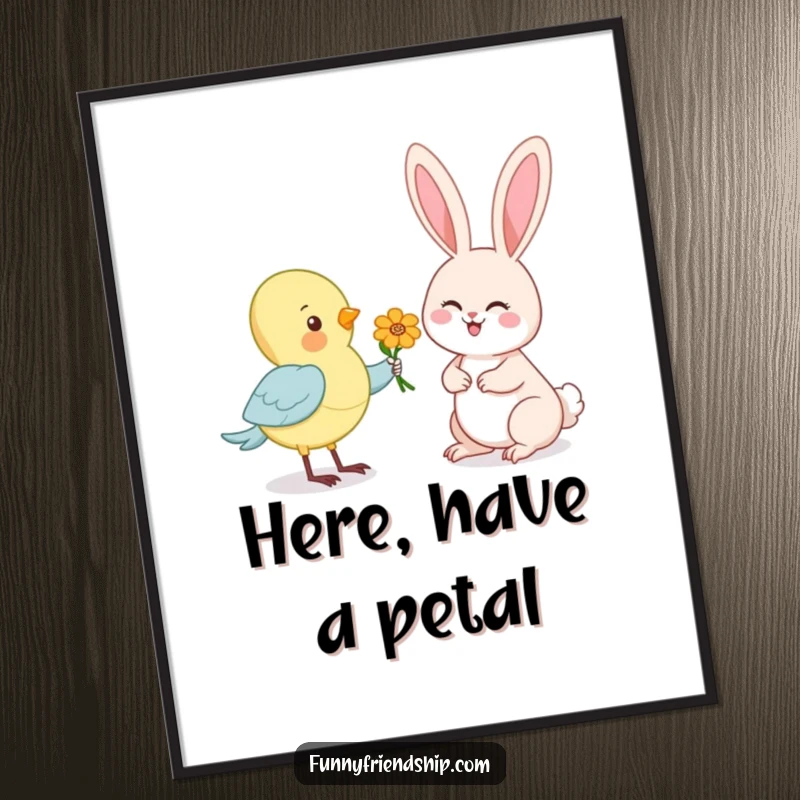Funny poster print of a cartoon bird offering a flower to a happy rabbit, creating a heartwarming and humorous visual.