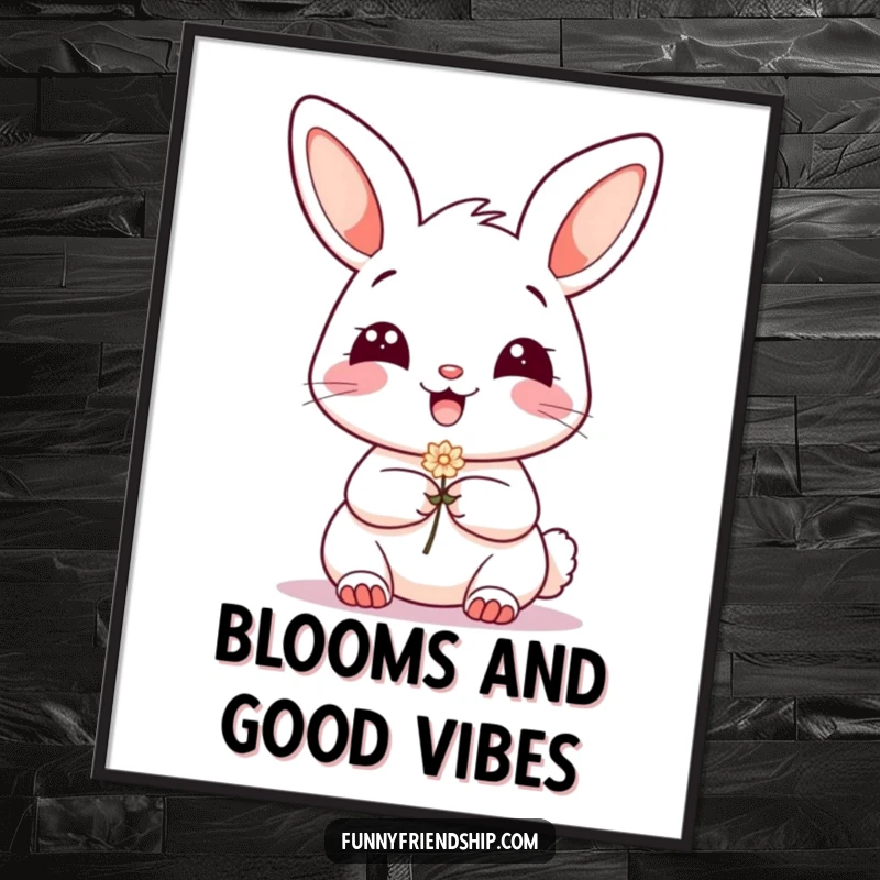 Funny Poster: A grinning bunny character offering a small flower, creating a heartwarming and cheerful piece of art.