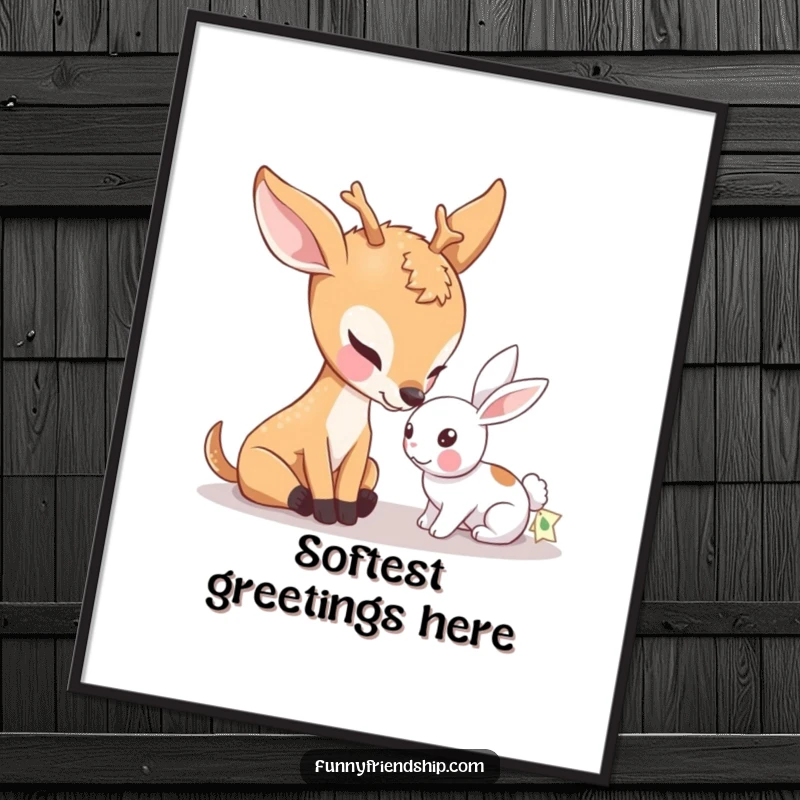 Funny poster art of a deer character softly nudging a small rabbit, symbolizing gentle friendship, nature's harmony, and tender animal bonds.