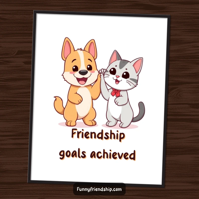 Funny poster of a cheerful dog and cat giving each other a high five, celebrating their wonderful friendship.