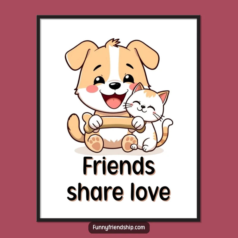 Funny Dog & Cat Bone Sharing Poster - Humorous Pet Art Print