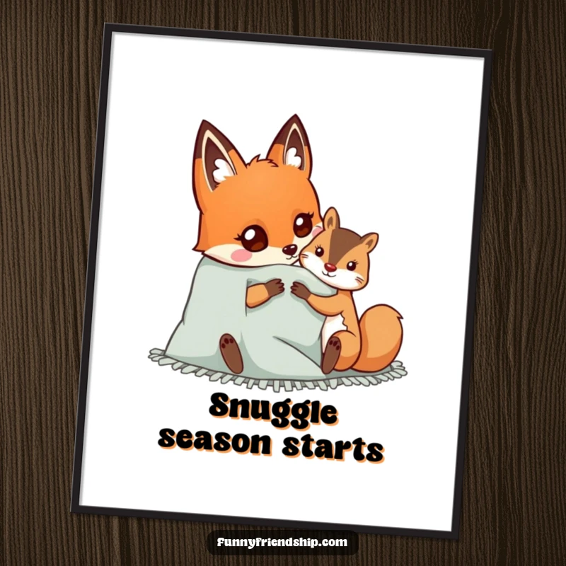 Funny poster art of a happy fox and squirrel snuggled under a cozy blanket, symbolizing warmth, friendship, and peaceful coexistence.