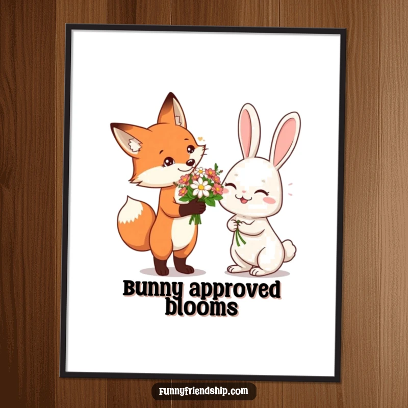 Funny Poster showing a fox offering flowers to a giggling rabbit, creating a heartwarming and humorous visual for any room.