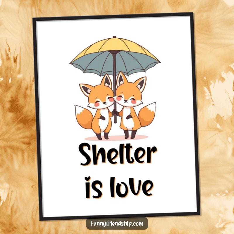 Funny poster print of two happy cartoon foxes sharing a big umbrella, showcasing friendship and delightful humor.