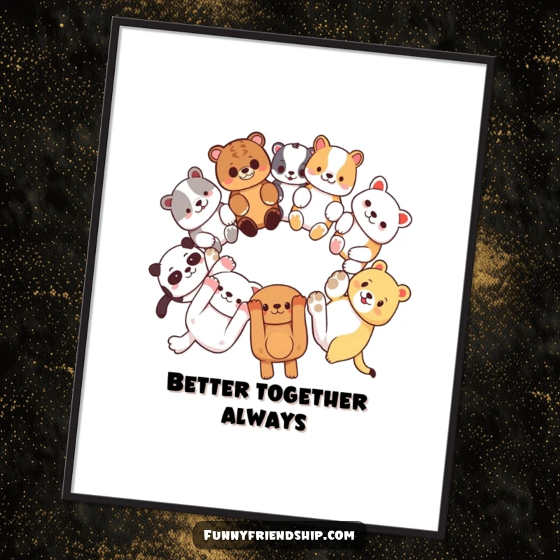 Funny poster depicting diverse animal characters linking paws in a circle, emphasizing friendship and unity, suitable for wall art.