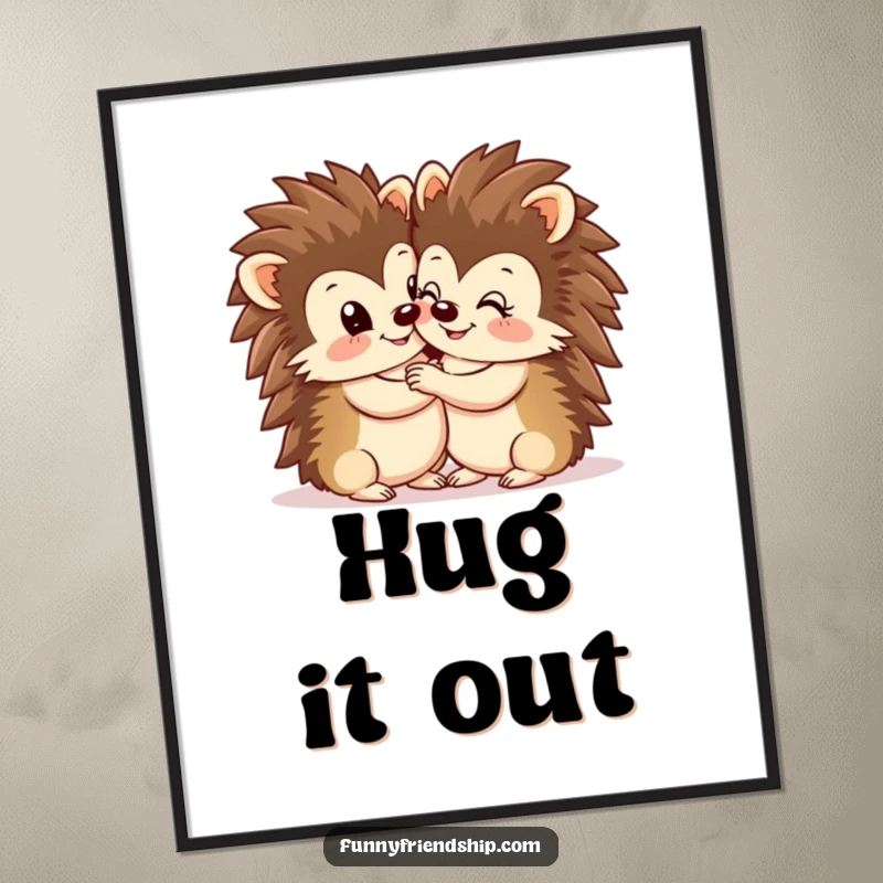 Funny Hedgehog Hug Poster: Two smiling hedgehogs in a tight, loving embrace, cute animal art, perfect for charming room decor, a funny gift.