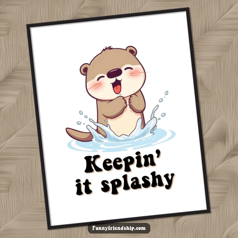 Funny otter poster depicting a happy otter character splashing water, offering a humorous and lively piece of art.