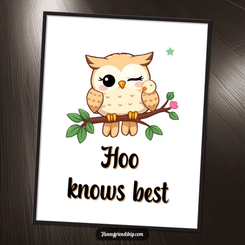 Funny Poster: A winking owl shares a branch with another owl, a piece of wise and humorous wall art.
