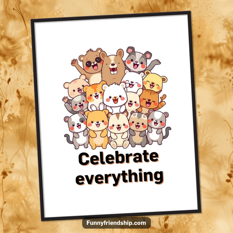 Funny poster of a diverse group of cheerful animal characters celebrating with gusto, a lively and inclusive festive scene.