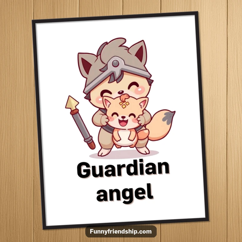 Funny poster of a brave animal character protectively watching over a smaller friend, a powerful image of loyalty and love.