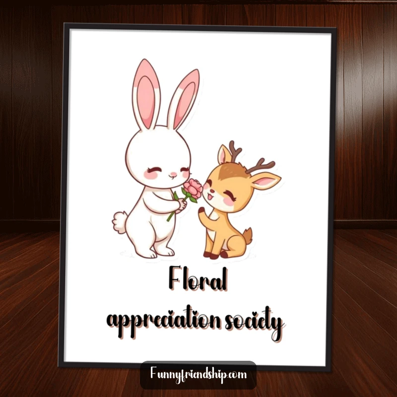 Funny poster of a rabbit giving a flower to a deer, a charming and humorous piece of woodland-themed wall art.