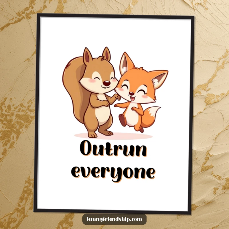 Funny poster of a squirrel and a fox character mid-chase in a game of tag, a dynamic and amusing woodland scene.