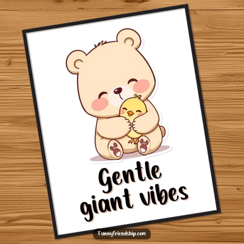 Funny poster illustrating a gentle bear character providing a loving hug to a small bird, conveying warmth and security.