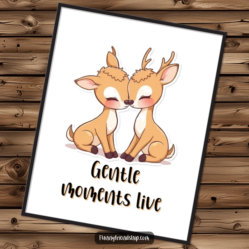Sweet deer poster depicting two deer characters nuzzling affectionately, offering a heartwarming and romantic piece of art.