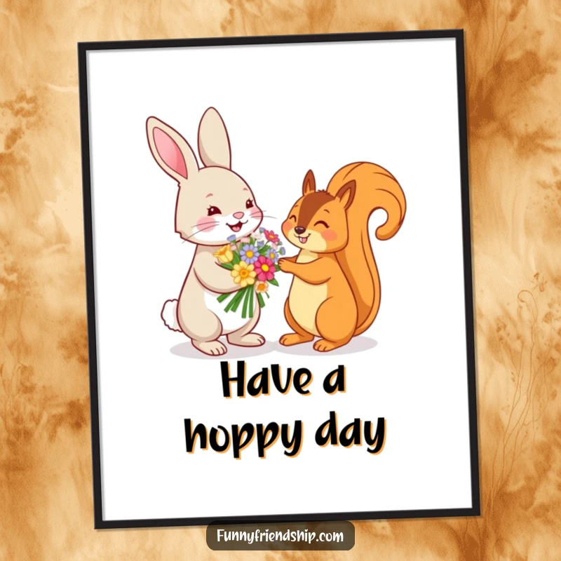 Funny poster art of a playful rabbit offering a flower bouquet to a squirrel, celebrating cute woodland interactions and beauty.