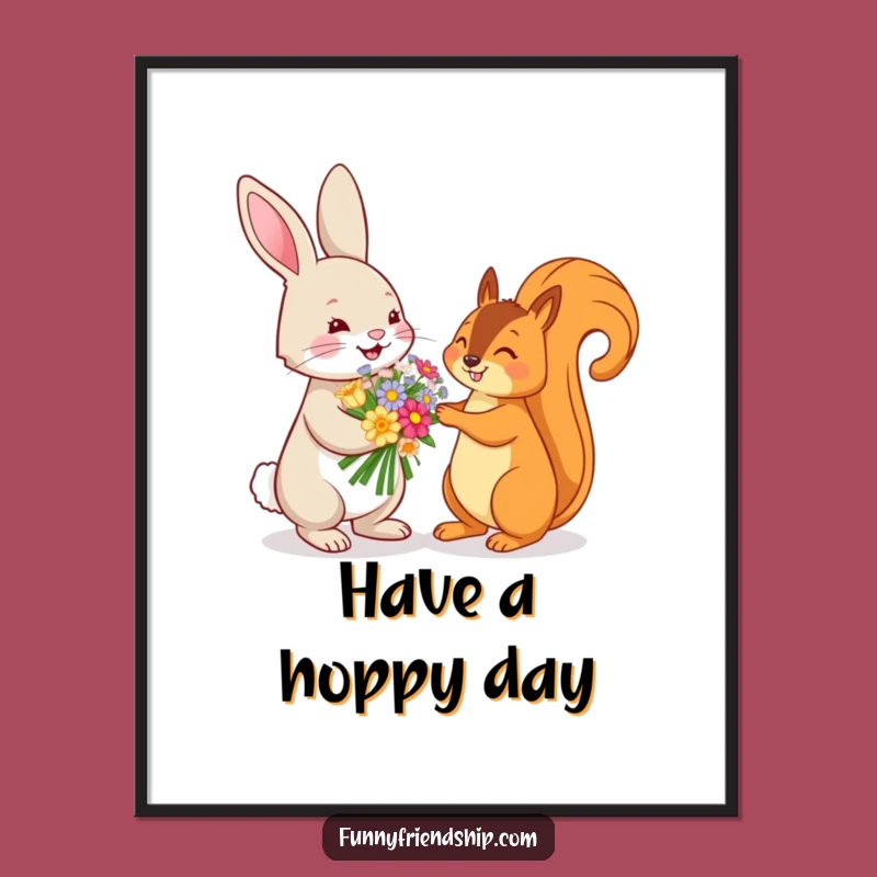 Funny Bunny and Squirrel Flower Poster: Charming Woodland Art