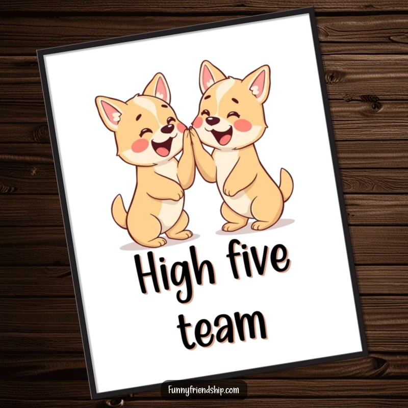 Funny poster art of two cheerful dog characters engaged in an enthusiastic high five, celebrating success and camaraderie.