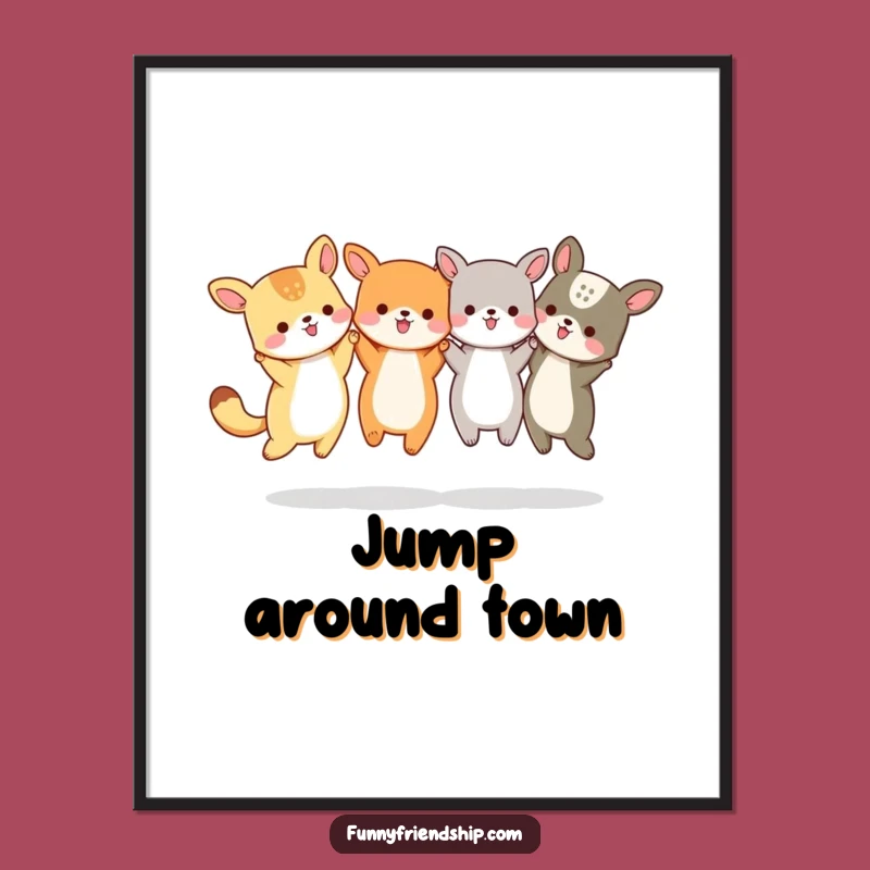 Funny Animal Friends Jumping Poster - Vibrant Wall Art Print