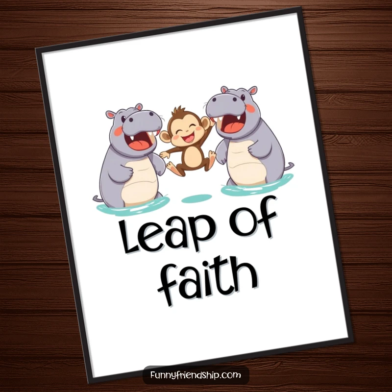 Funny poster depicting a joyful monkey in mid-air, leaping between two large, amicable hippos, a vibrant and humorous animal illustration.