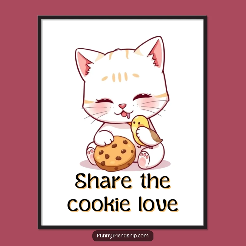 Funny Cat Bird Cookie Poster - Whimsical Friendship Art - Hilarious Wall Decor Gift