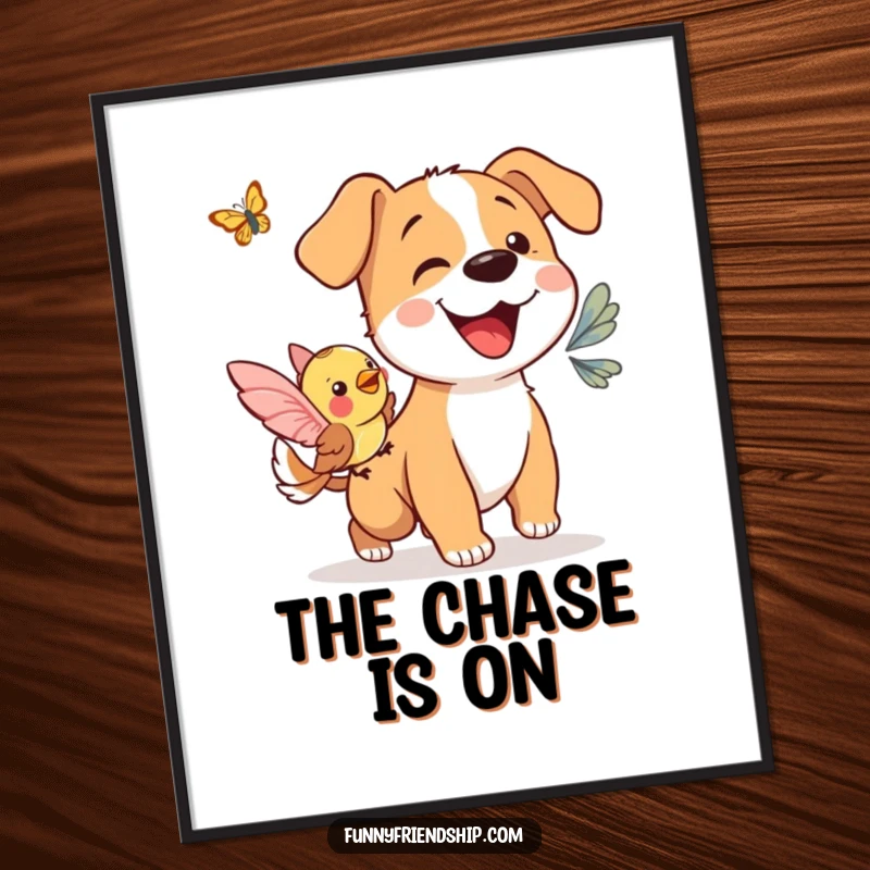 Funny poster: a dynamic illustration of a dog and bird joyfully chasing a butterfly, adding cheer.