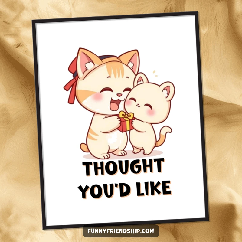 Funny poster art of a cat character joyfully presenting a small gift, adding a humorous and heartwarming touch.