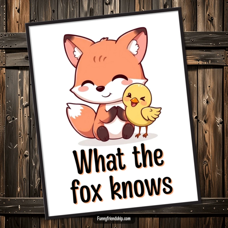 Funny fox and bird characters sharing a secret on a poster. Eye-catching funny gift.