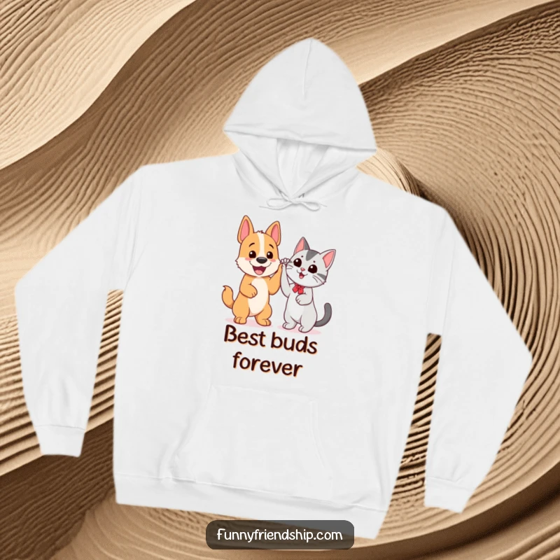 Funny hoodie showcasing a cheerful dog and cat giving each other a high five, representing a strong and humorous bond.