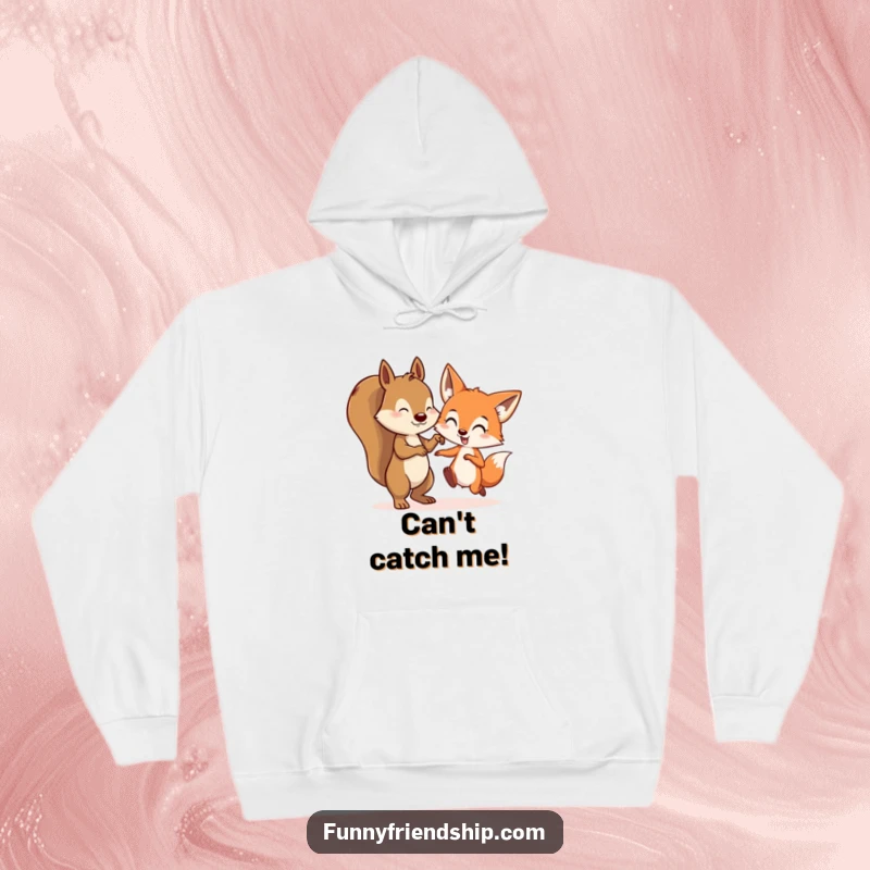 Funny hoodie illustrating a squirrel and a fox character in a spirited game of tag, bringing woodland fun and warmth.